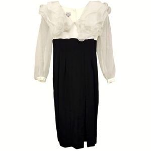 Vintage Positively Ellyn Ivory Ruffle Longsleeve Chiffon & Black Midi Dress